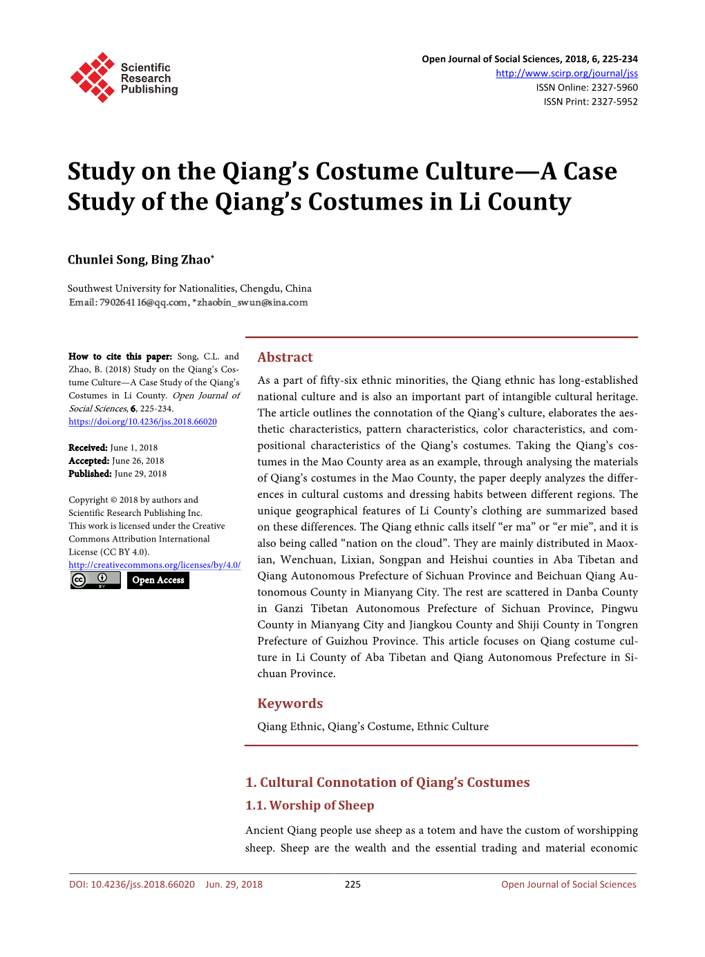 Study on the Qiang's Costume Culture—A Case Study of the Qiang's Costumes in Li County