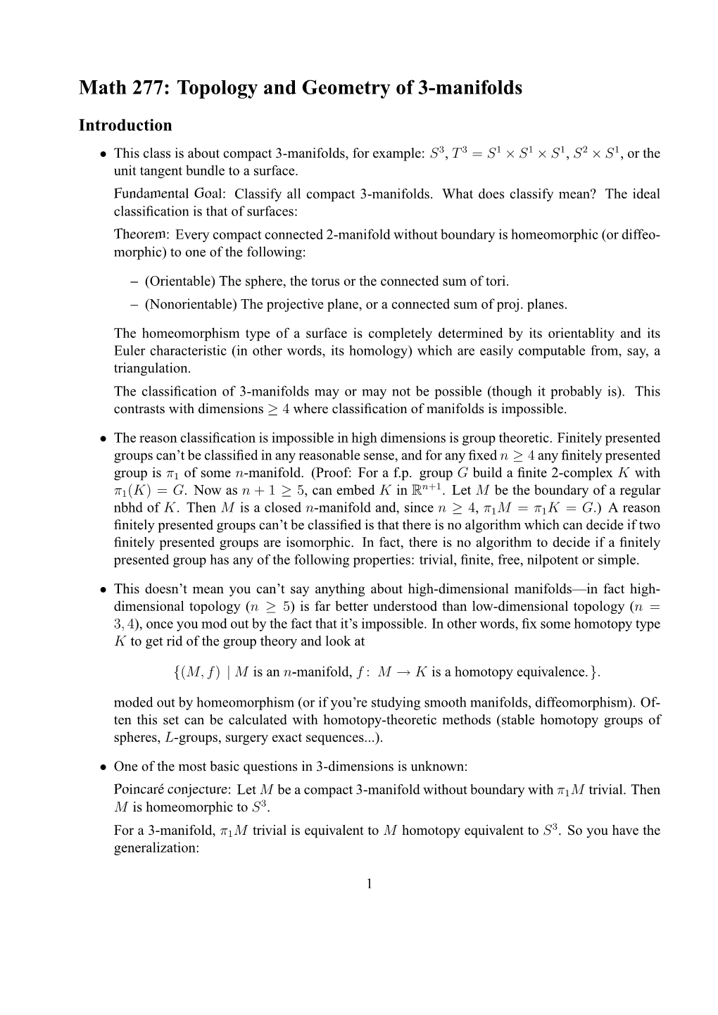 Math 277: Topology and Geometry of 3-Manifolds