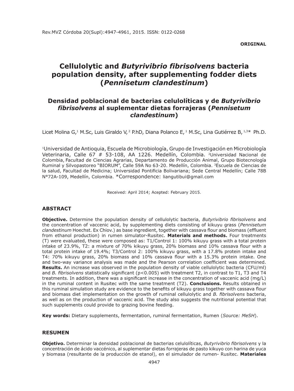 Cellulolytic and Butyrivibrio Fibrisolvens Bacteria Population Density, After Supplementing Fodder Diets (Pennisetum Clandestinum)