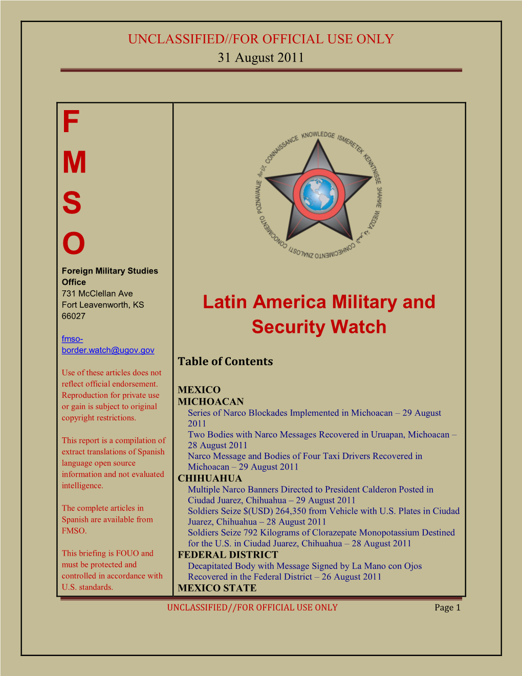 Fmso- Border.Watch@Ugov.Gov Table of Contents Use of These Articles Does Not Reflect Official Endorsement