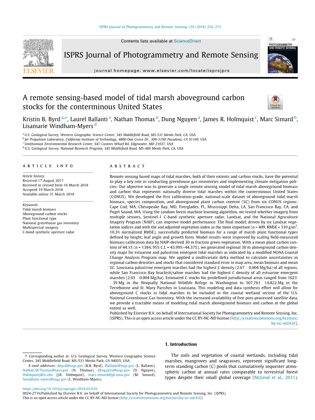 A Remote Sensing-Based Model of Tidal Marsh Aboveground Carbon Stocks for the Conterminous United States ⇑ Kristin B