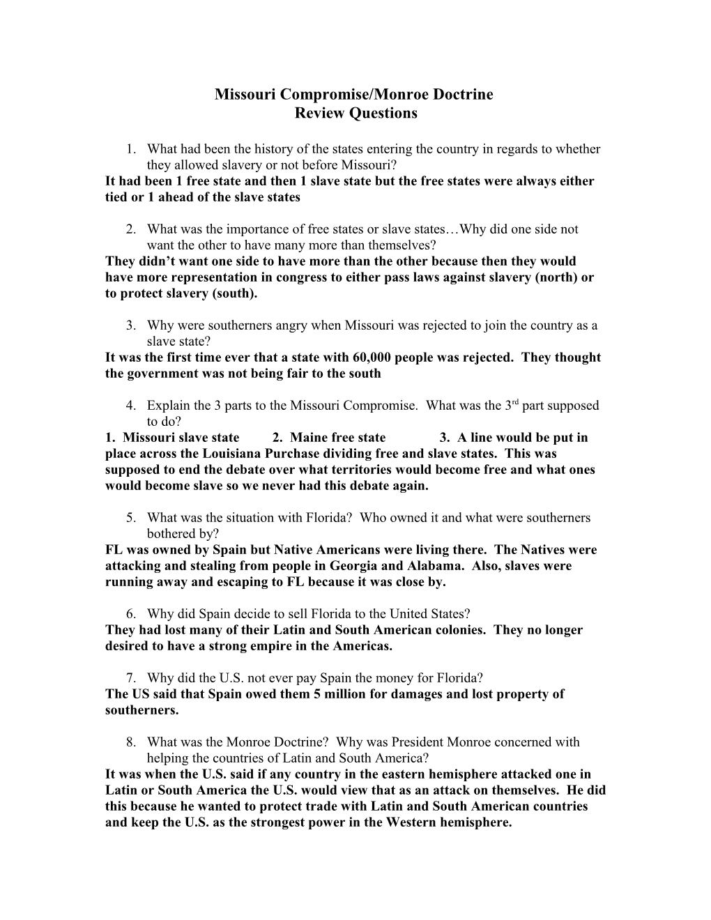 Missouri Compromise Review Questions