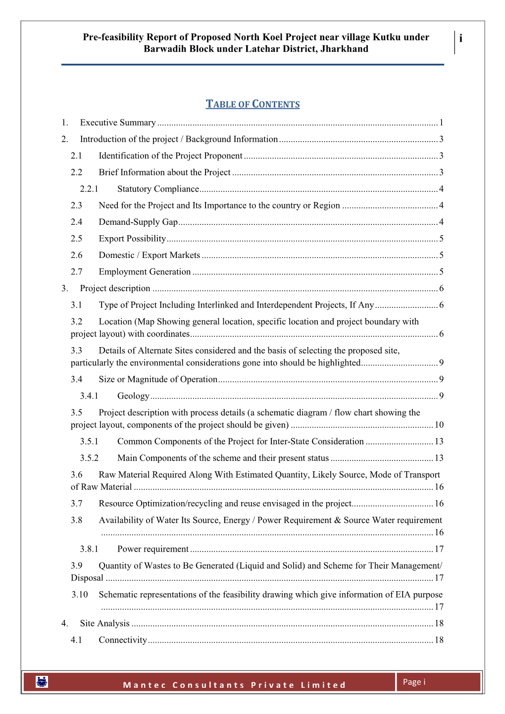 Pre-Feasibility Report of Proposed North Koel Project Near Village Kutku Under Barwadih Block Under Latehar District, Jharkhand