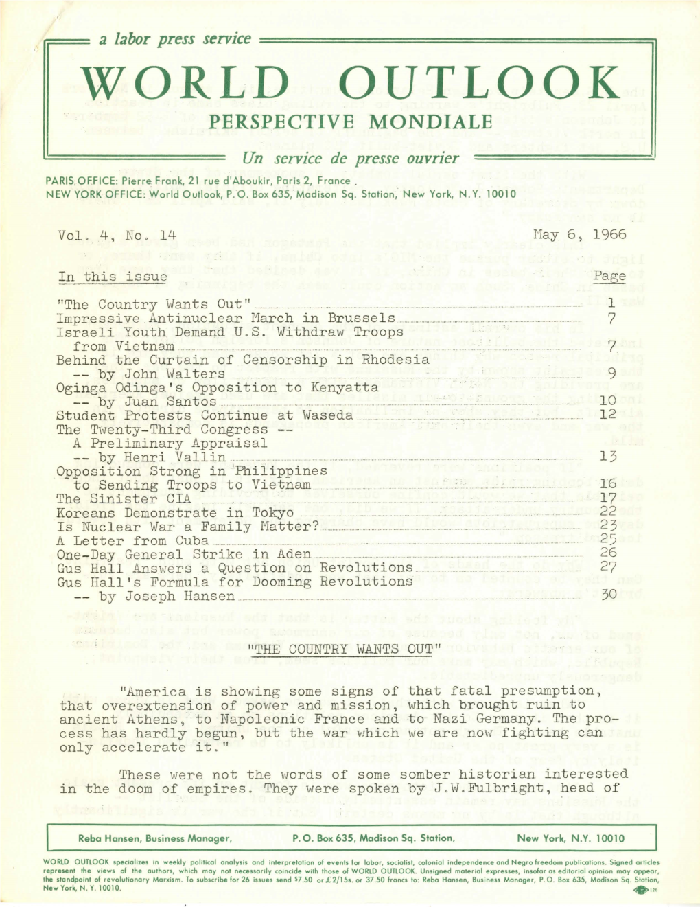 WORLD OUTLOOK PERSPECTIVE MONDIALE Un Service De Presse Ouvrier PARIS OFFICE: Pierre Fronk, 21 Rue D'aboukir, Paris 2, Fronce NEW YORK OFFICE: World Outlook, P