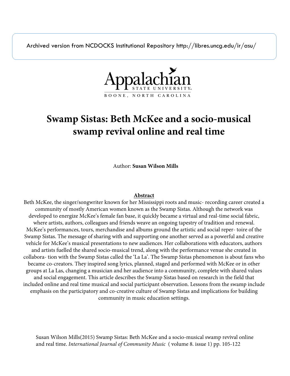Swamp Sistas: Beth Mckee and a Socio-Musical Swamp Revival Online and Real Time
