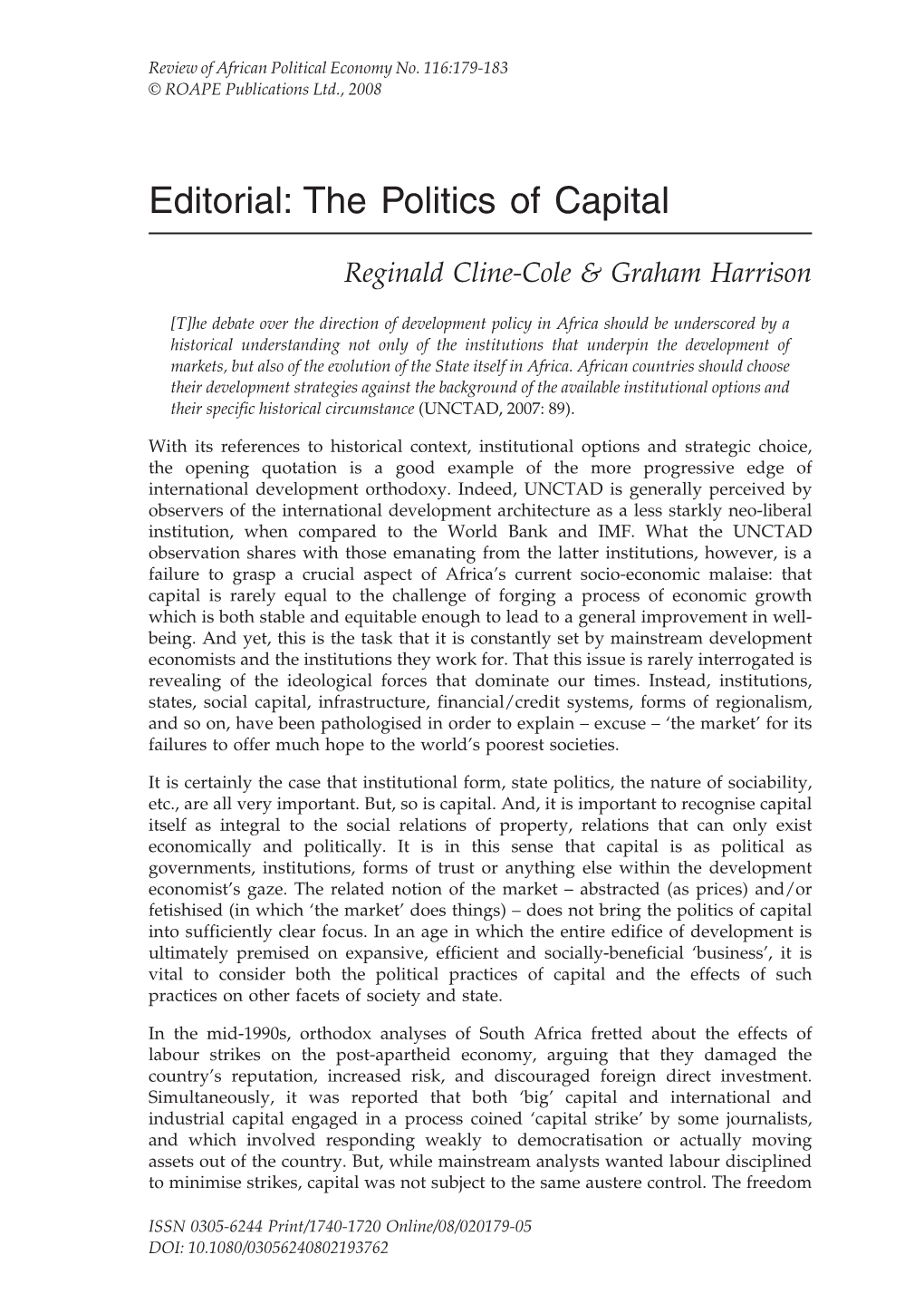 Editorial: the Politics of Capital