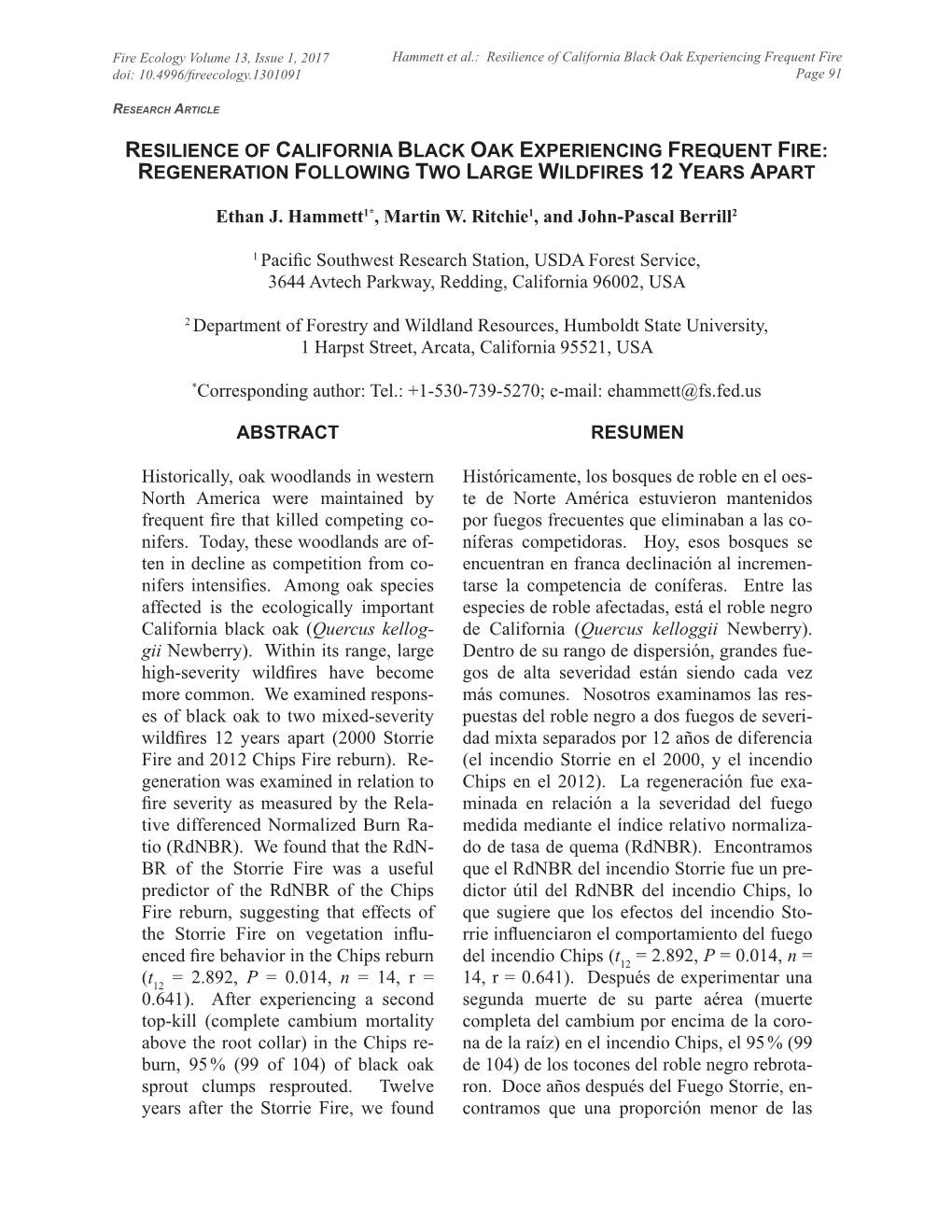 Resilience of California Black Oak Experiencing Frequent Fire Doi: 10.4996/Fireecology.1301091 Page 91