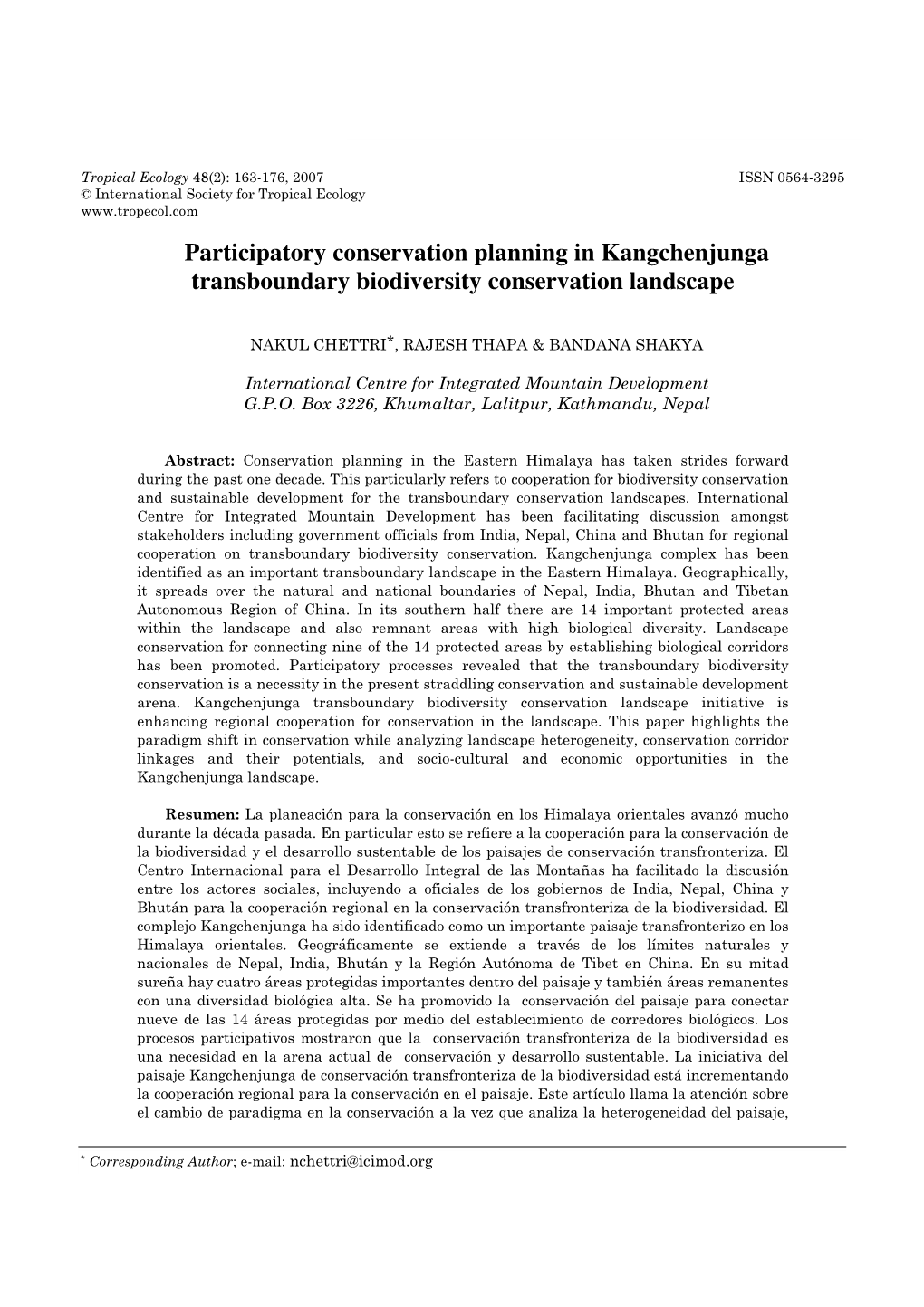 Participatory Conservation Planning in Kangchenjunga Transboundary Biodiversity Conservation Landscape