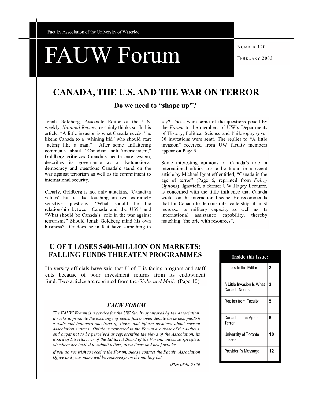 FAUW Forum FEBRUARY 2003