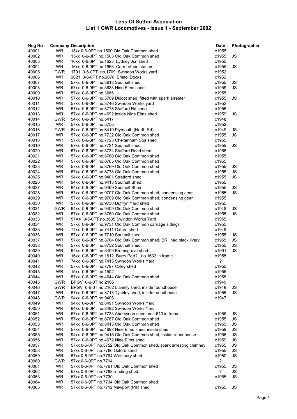 Lens of Sutton Association List 1 GWR Locomotives - Issue 1 - September 2002