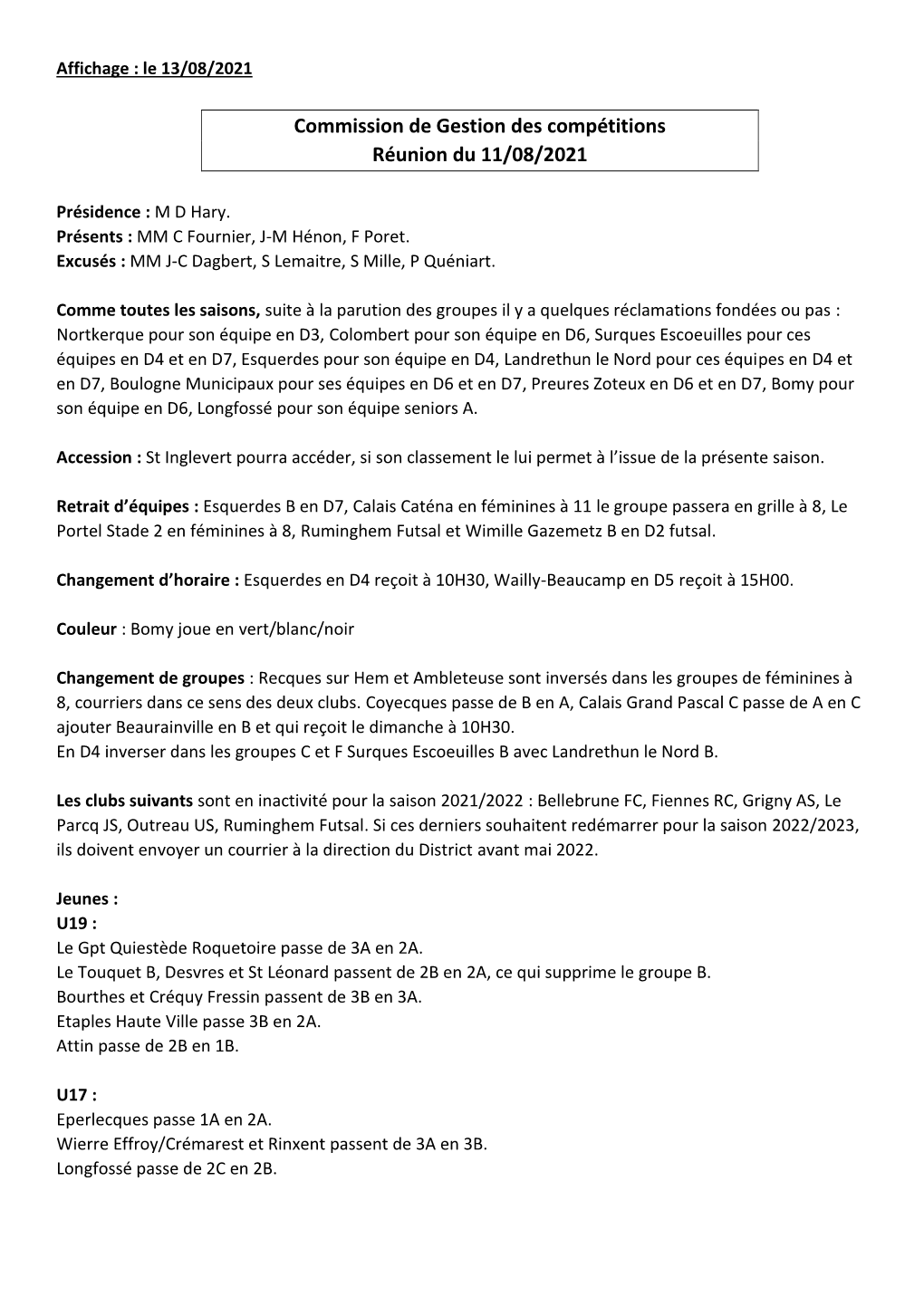 Commission De Gestion Des Compétitions Réunion Du 11/08/2021
