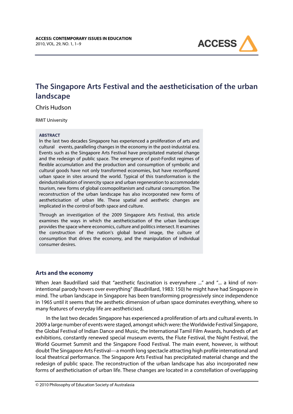 The Singapore Arts Festival and the Aestheticisation of the Urban Landscape Chris Hudson