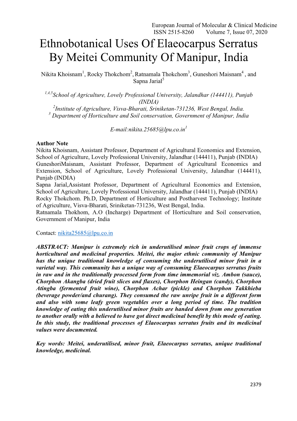 Ethnobotanical Uses of Elaeocarpus Serratus by Meitei Community of Manipur, India