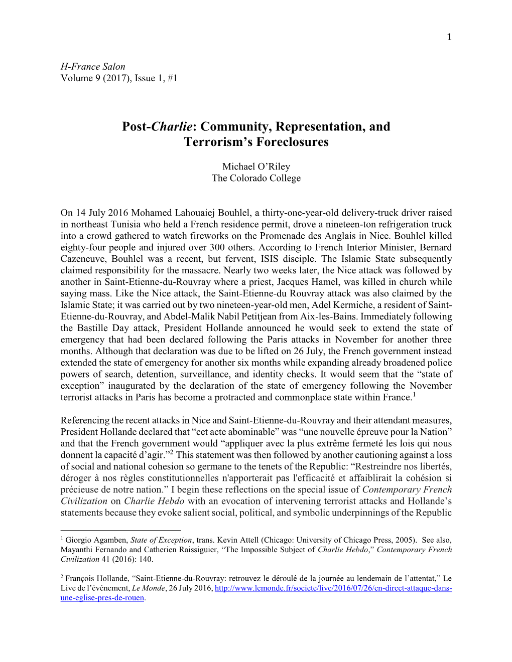 Post-Charlie: Community, Representation, and Terrorism’S Foreclosures