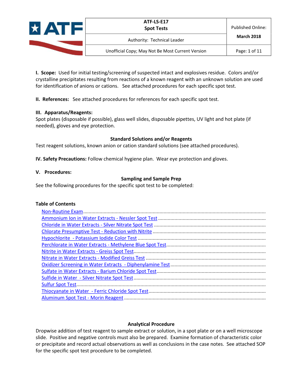 ATF-LS-E17 Spot Tests Published Online: Rl ATF 1------I March 2018 Authority: Technical Leader