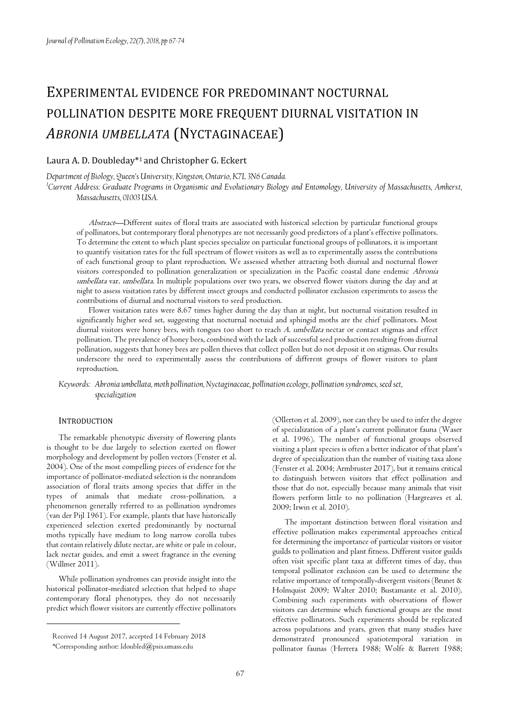 Experimental Evidence for Predominant Nocturnal Pollination Despite More Frequent Diurnal Visitation in Abronia Umbellata (Nyctaginaceae)