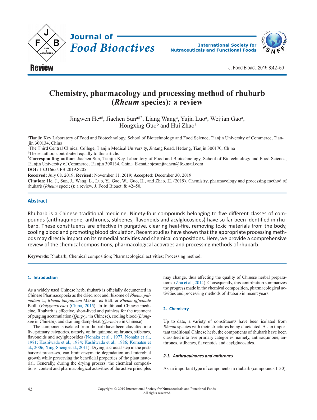 Chemistry, Pharmacology and Processing Method of Rhubarb (﻿Rheum﻿ Species): a Review