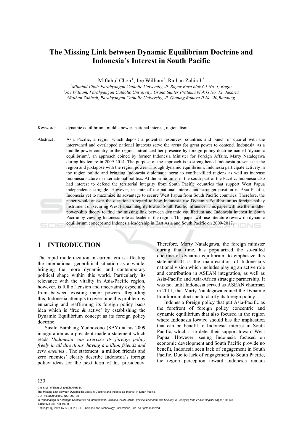 The Missing Link Between Dynamic Equilibrium Doctrine and Indonesia’S Interest in South Pacific