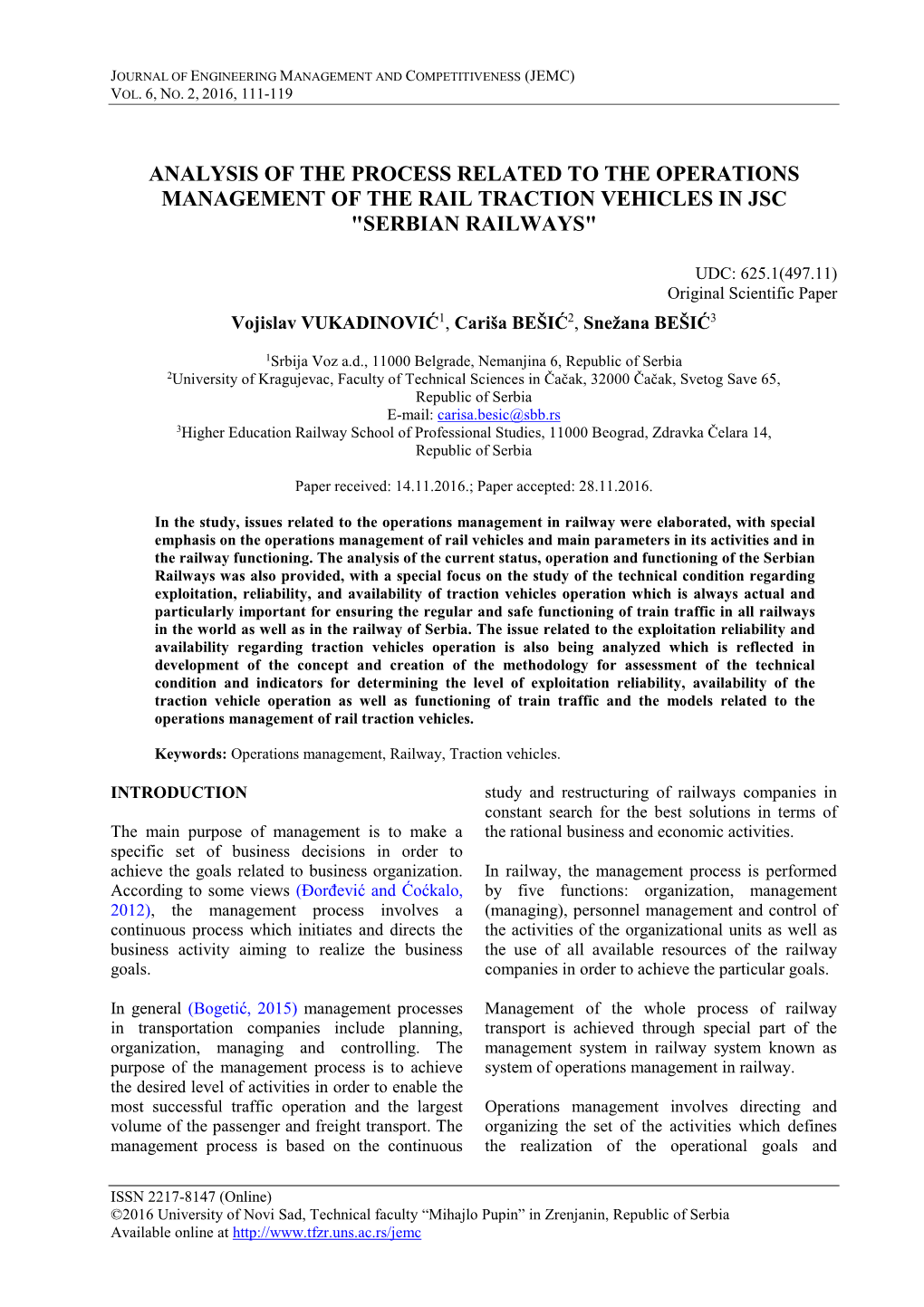 Analysis of the Process Related to the Operations Management of the Rail Traction Vehicles in Jsc 