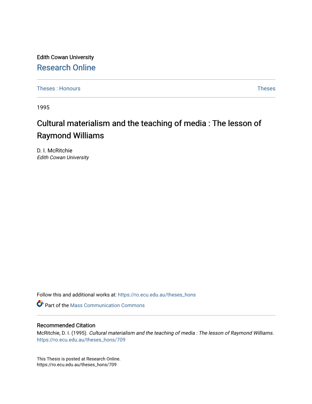 Cultural Materialism and the Teaching of Media : the Lesson of Raymond Williams