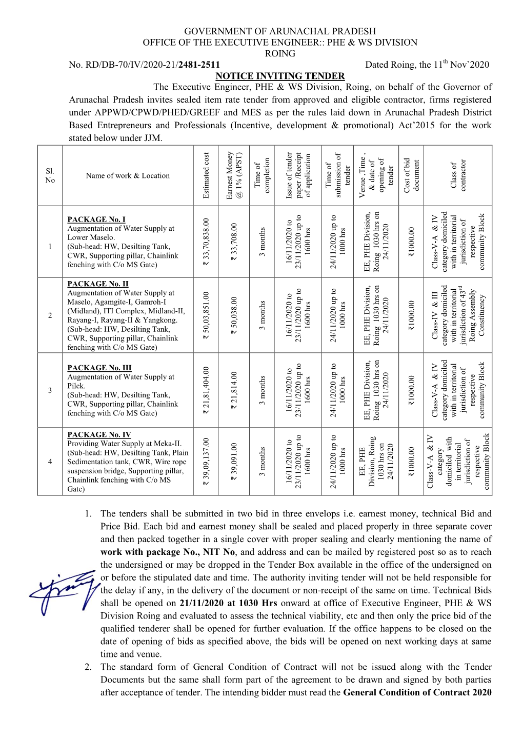 GOVERNMENT of ARUNACHAL PRADESH OFFICE of the EXECUTIVE ENGINEER:: PHE & WS DIVISION ROING No