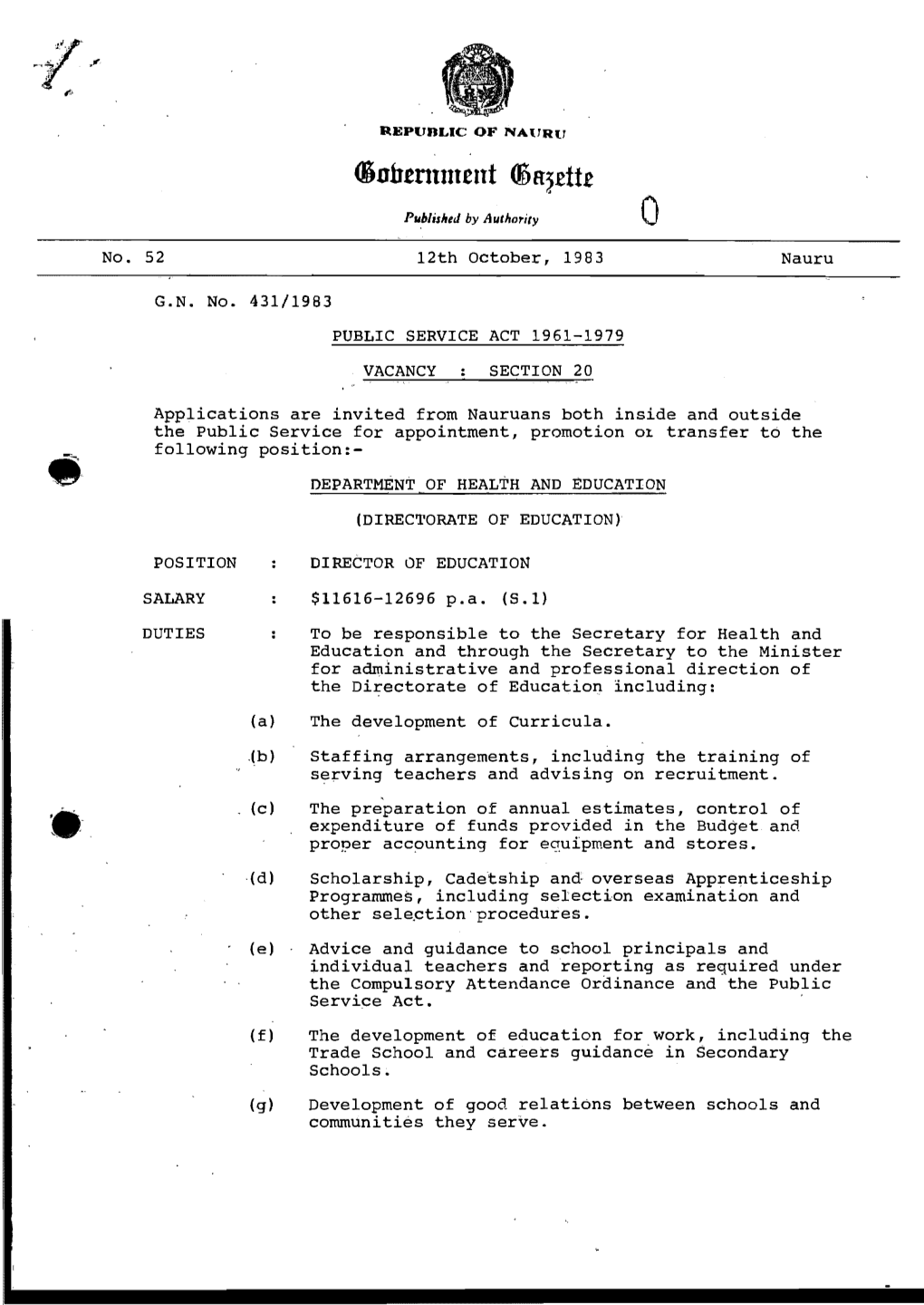 No. 52 12Th October, 1983 Nauru G.N. No. 431/1983 PUBLIC SERVICE