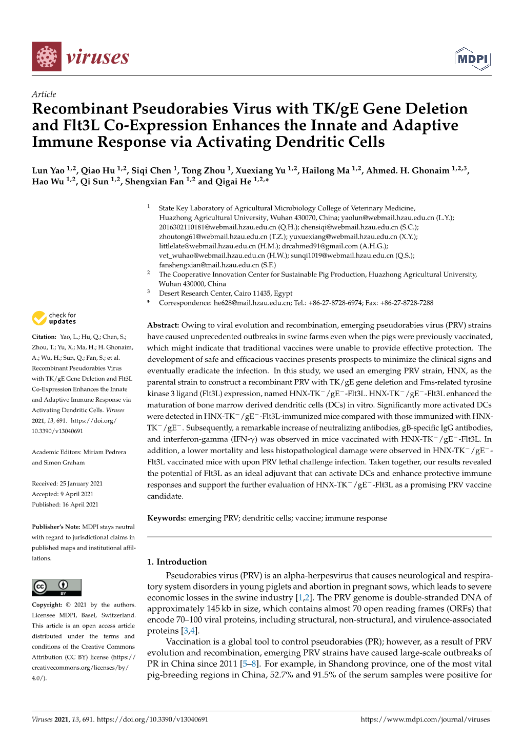 Recombinant Pseudorabies Virus with TK/Ge Gene Deletion and Flt3l Co-Expression Enhances the Innate and Adaptive Immune Response Via Activating Dendritic Cells