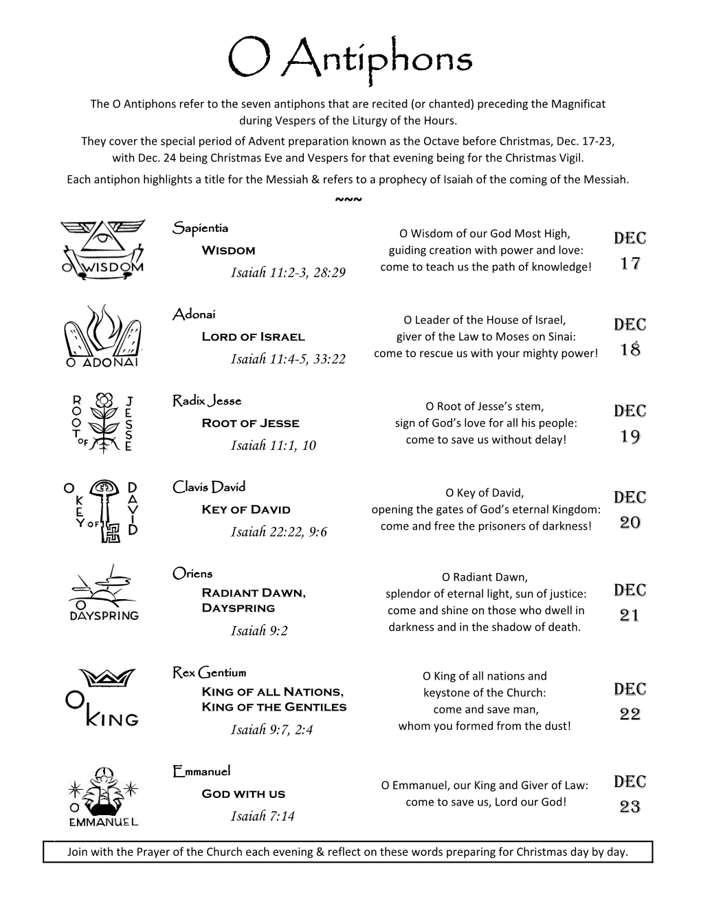 O Antiphons the O Antiphons Refer to the Seven Antiphons That Are Recited (Or Chanted) Preceding the Magnificat During Vespers of the Liturgy of the Hours