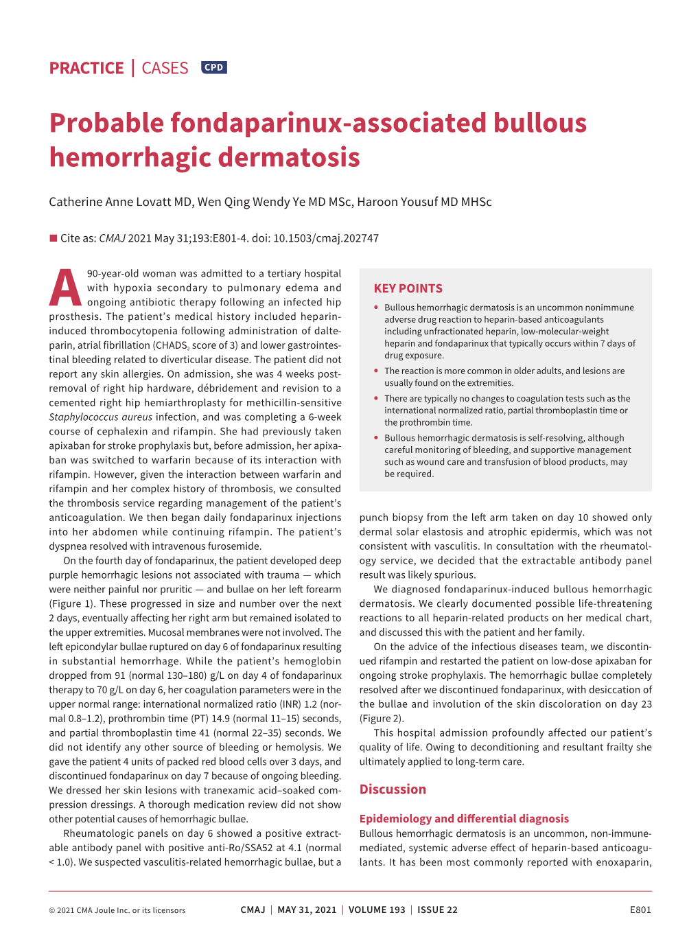 Probable Fondaparinux-Associated Bullous Hemorrhagic Dermatosis