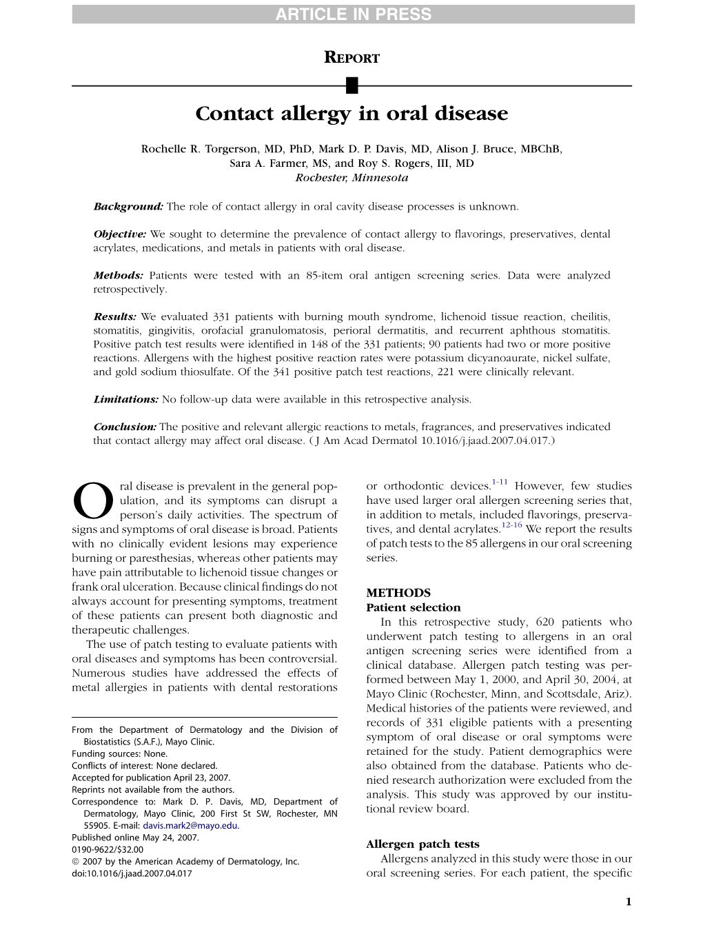 Contact Allergy in Oral Disease