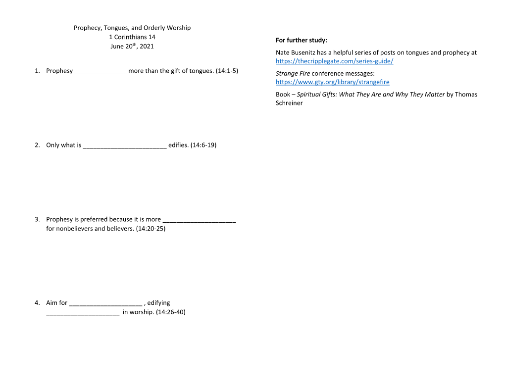 Prophecy, Tongues, and Orderly Worship 1 Corinthians 14 June 20Th