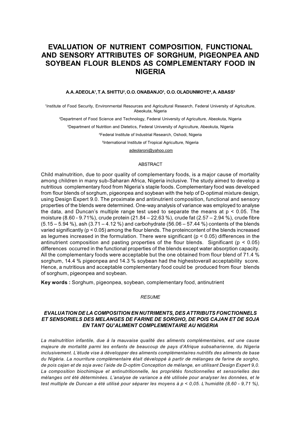 Evaluation of Nutrient Composition, Functional and Sensory Attributes of Sorghum, Pigeonpea and Soybean Flour Blends As Complementary Food in Nigeria