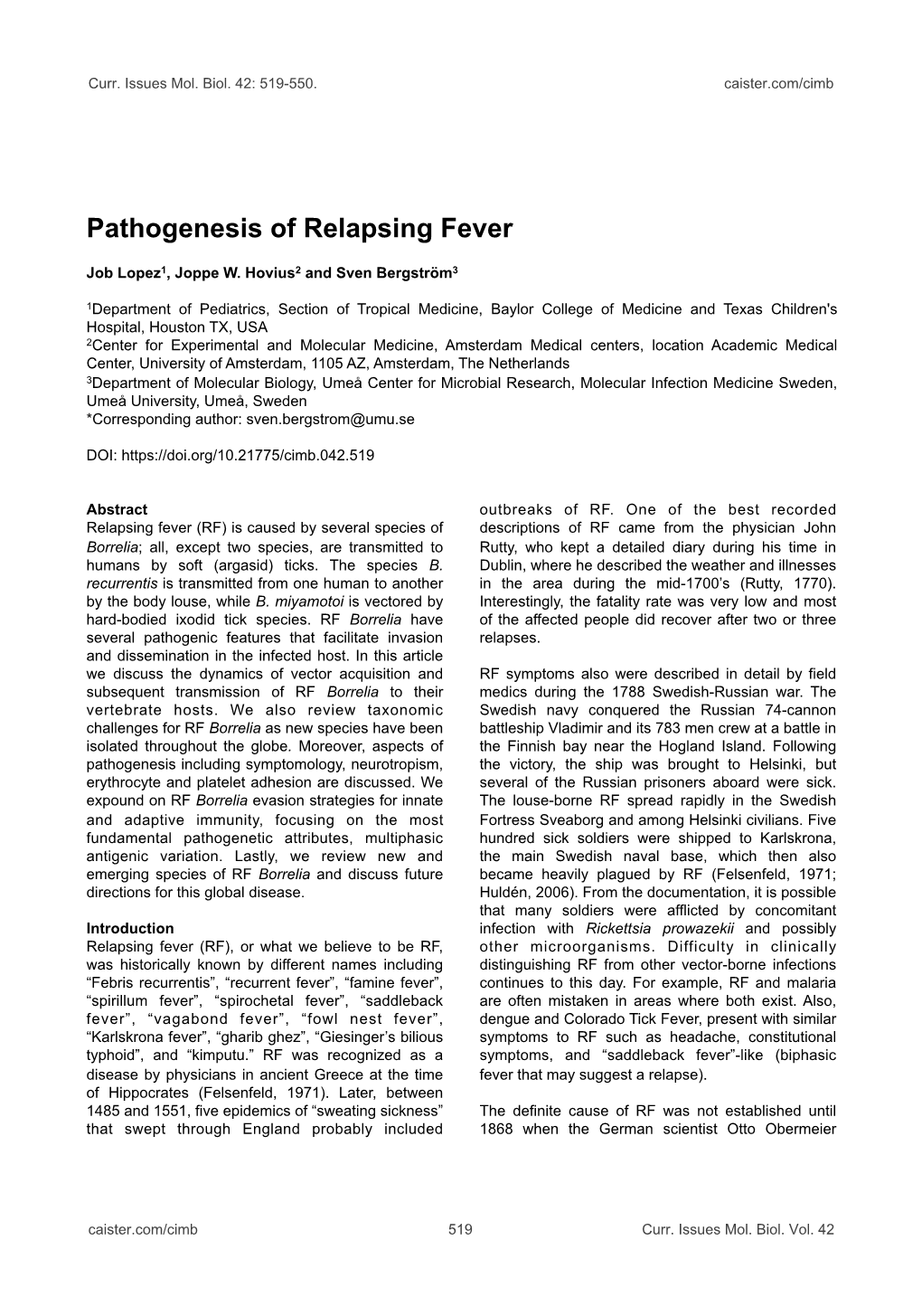 Pathogenesis of Relapsing Fever