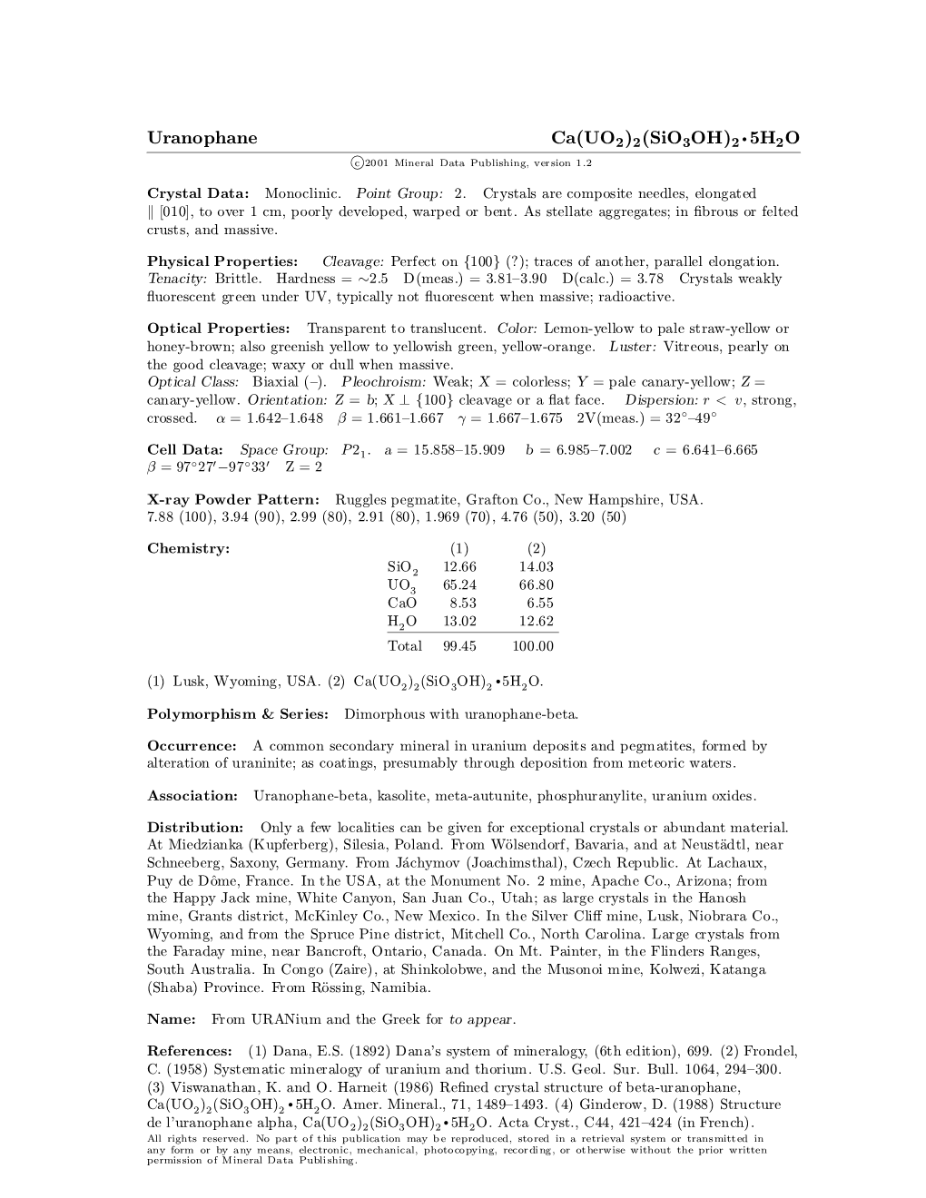 Uranophane Ca(UO2)2(Sio3oh)2 ² 5H2O C 2001 Mineral Data Publishing, Version 1.2 ° Crystal Data: Monoclinic