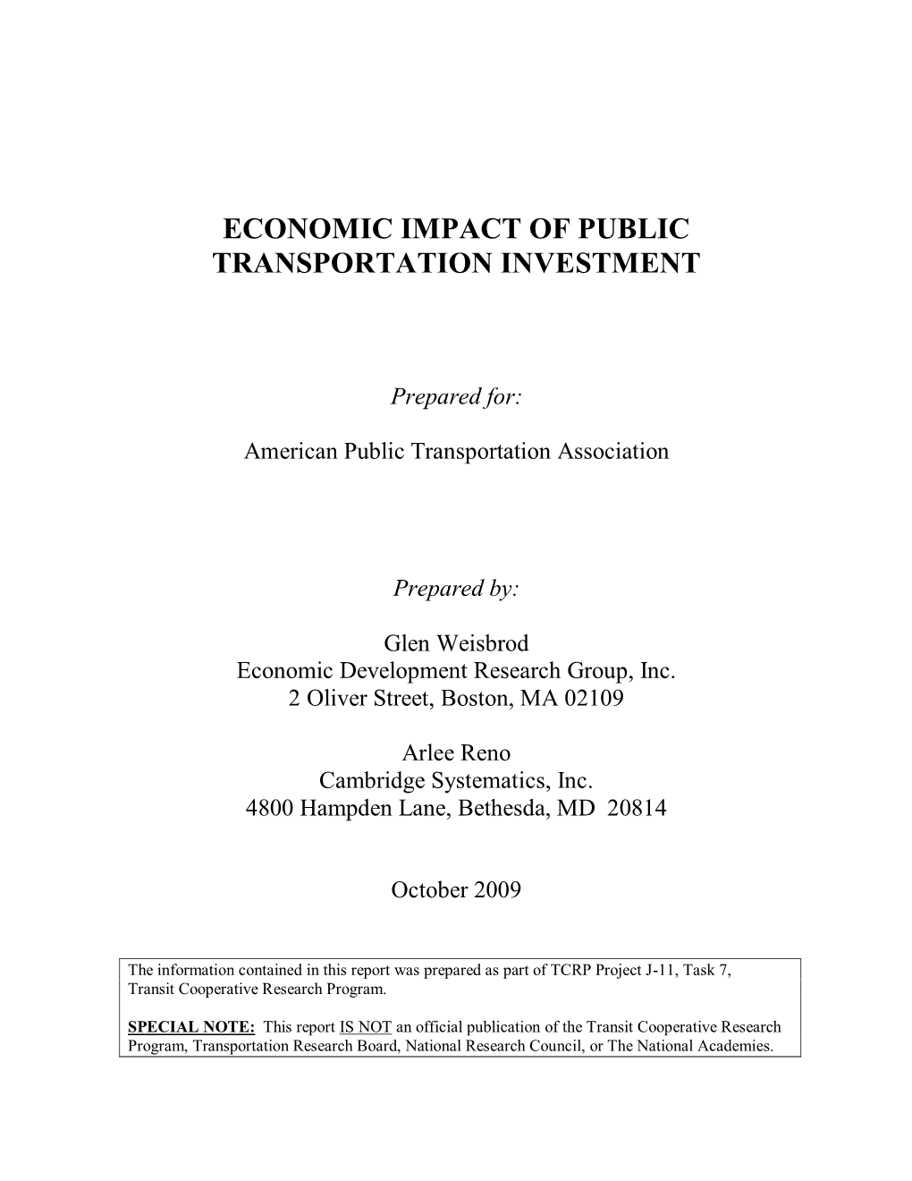 Economic Impact of Public Transportation Investment