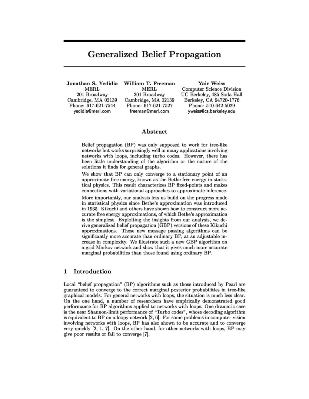 Generalized Belief Propagation