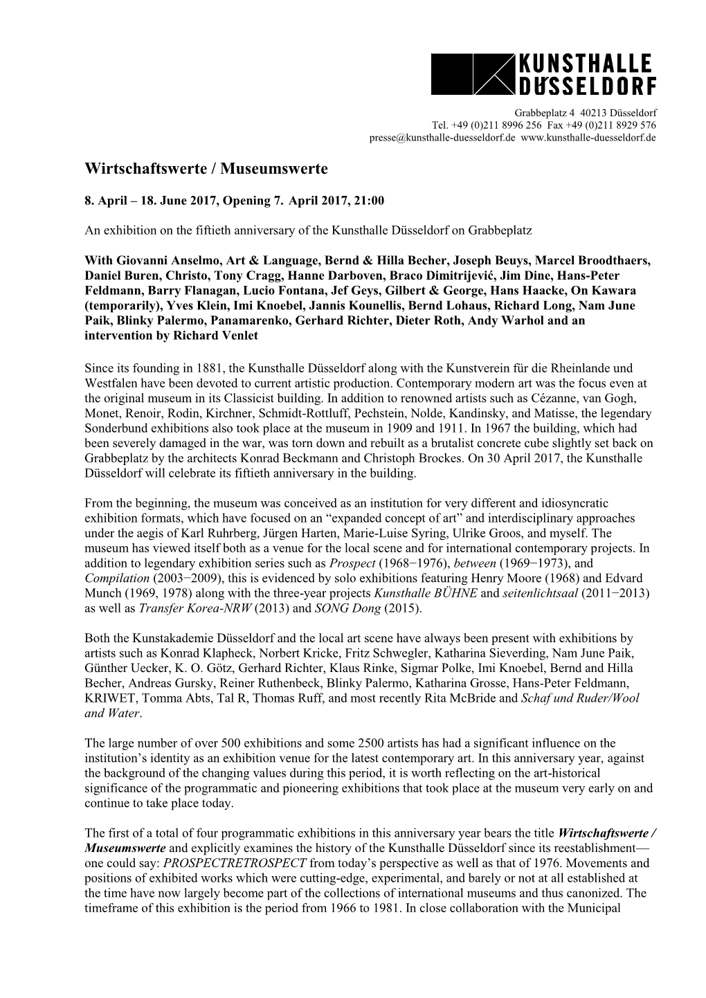 Press Release Wirtschaftswerte / Museumswerte