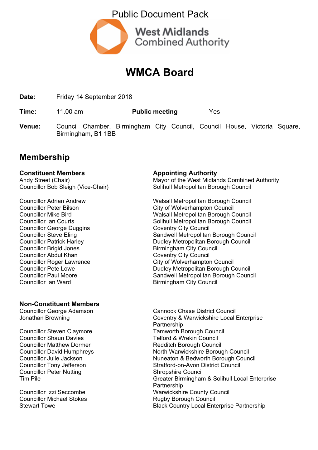 (Public Pack)Agenda Document for WMCA Board, 14/09/2018 11:00