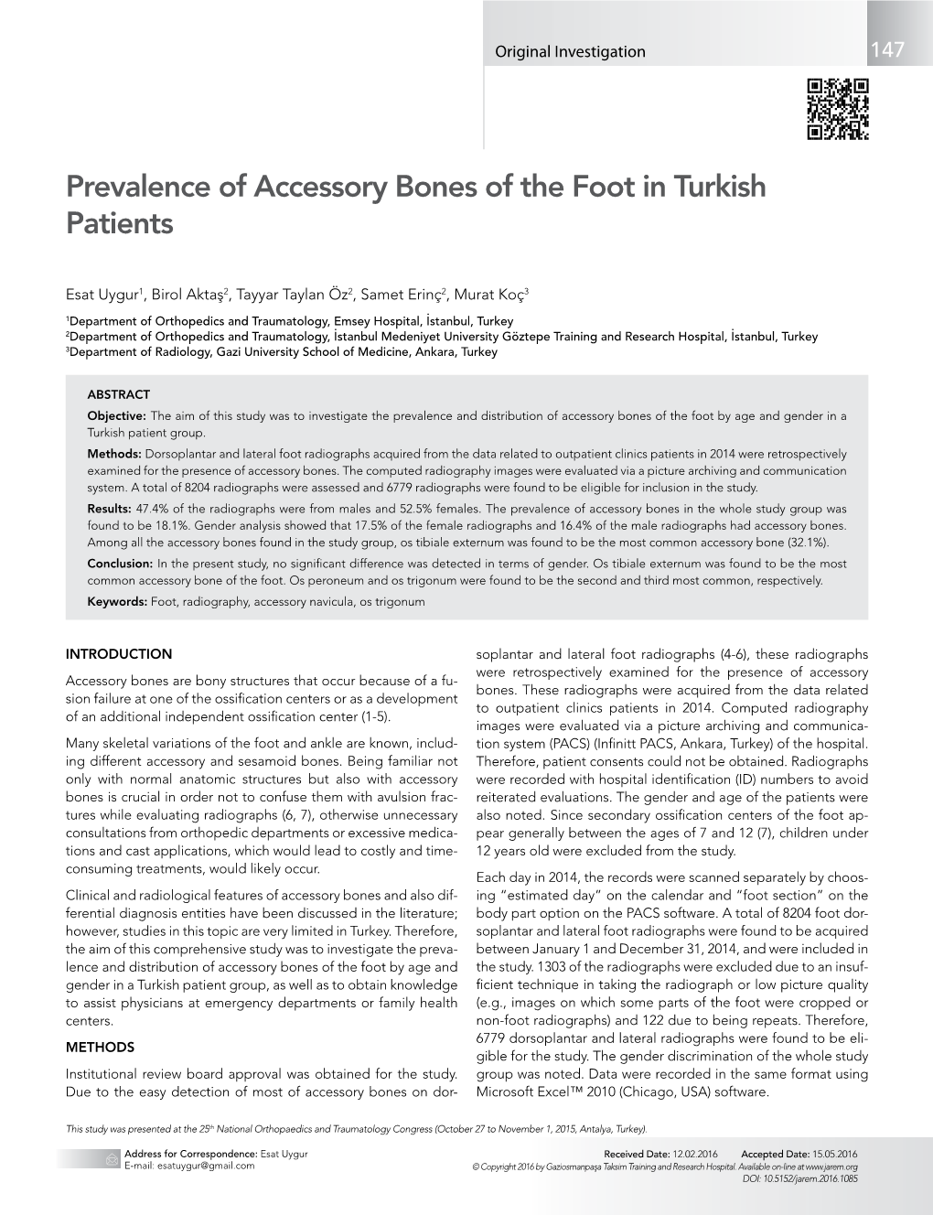 Prevalence of Accessory Bones of the Foot in Turkish Patients