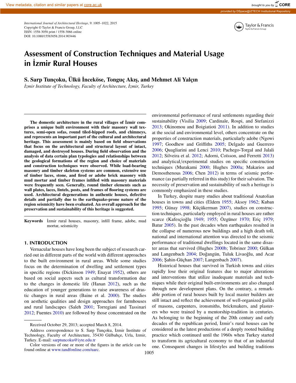 Assessment of Construction Techniques and Material Usage in Izmir˙ Rural Houses