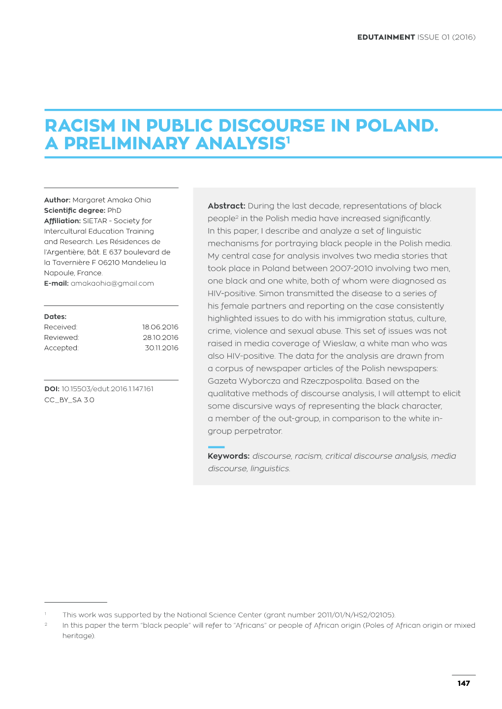 Racism in Public Discourse in Poland. a Preliminary Analysis1