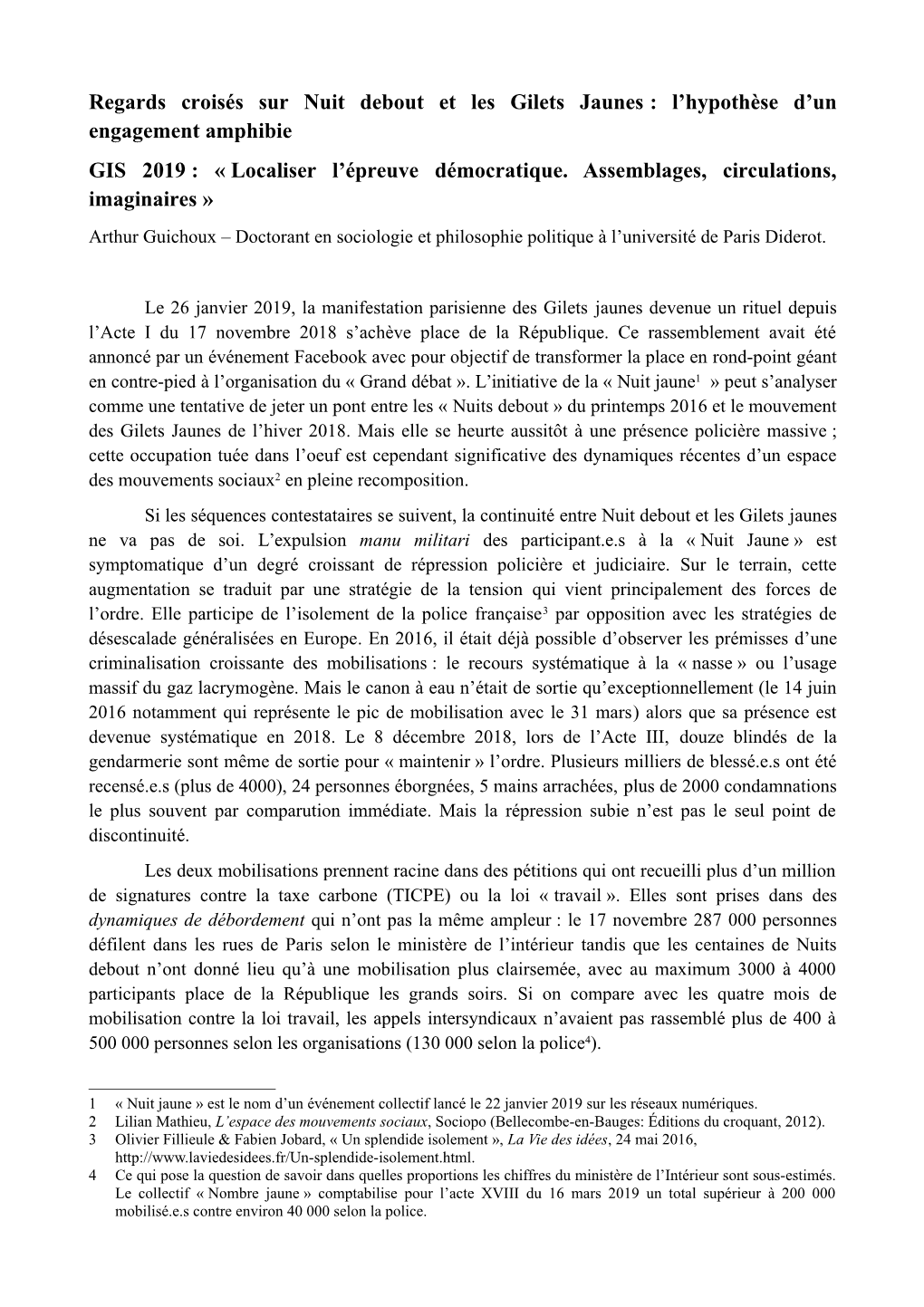 Regards Croisés Sur Nuit Debout Et Les Gilets Jaunes : L’Hypothèse D’Un Engagement Amphibie GIS 2019 : « Localiser L’Épreuve Démocratique