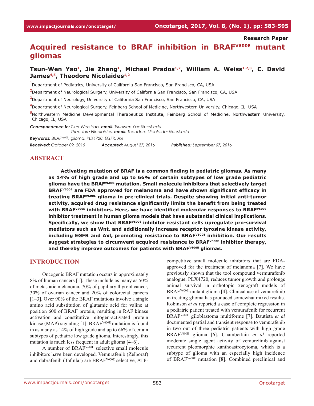 Acquired Resistance to BRAF Inhibition in BRAFV600E Mutant Gliomas