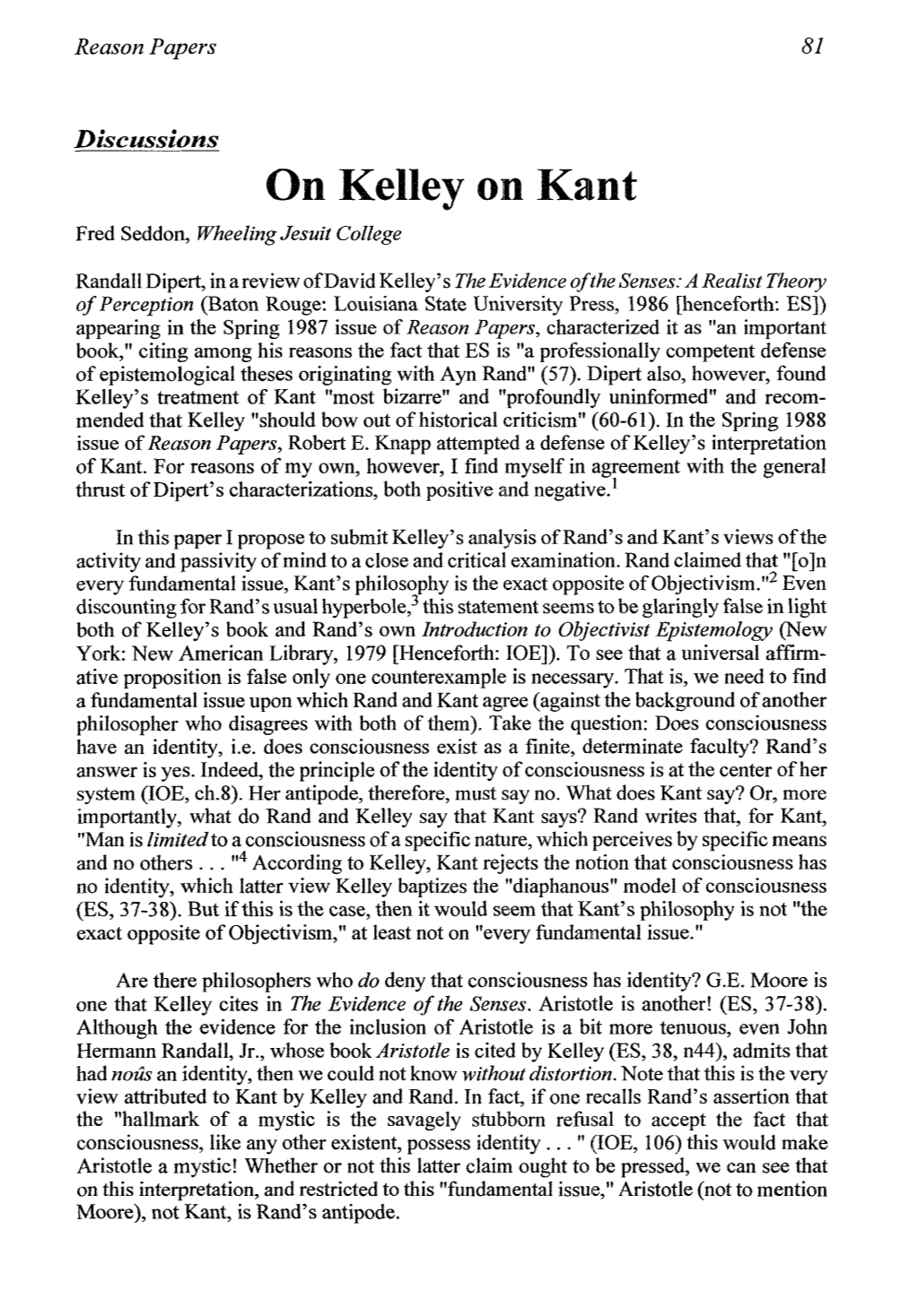 On Kelley on Kant Fred Seddon, Wheelingjesuit College