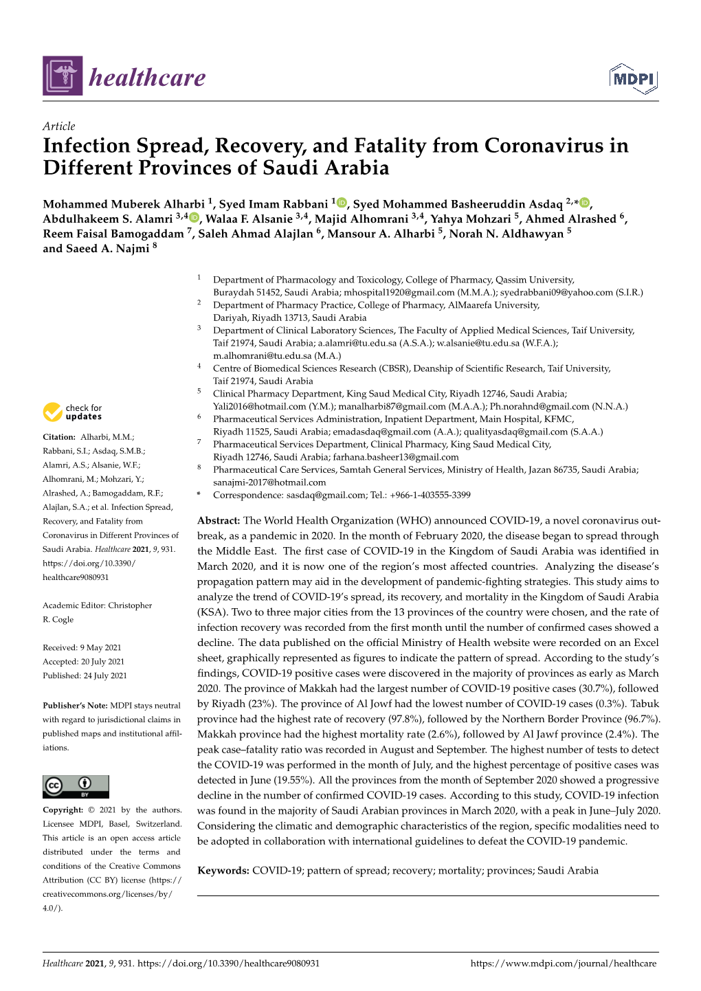 Infection Spread, Recovery, and Fatality from Coronavirus in Different Provinces of Saudi Arabia