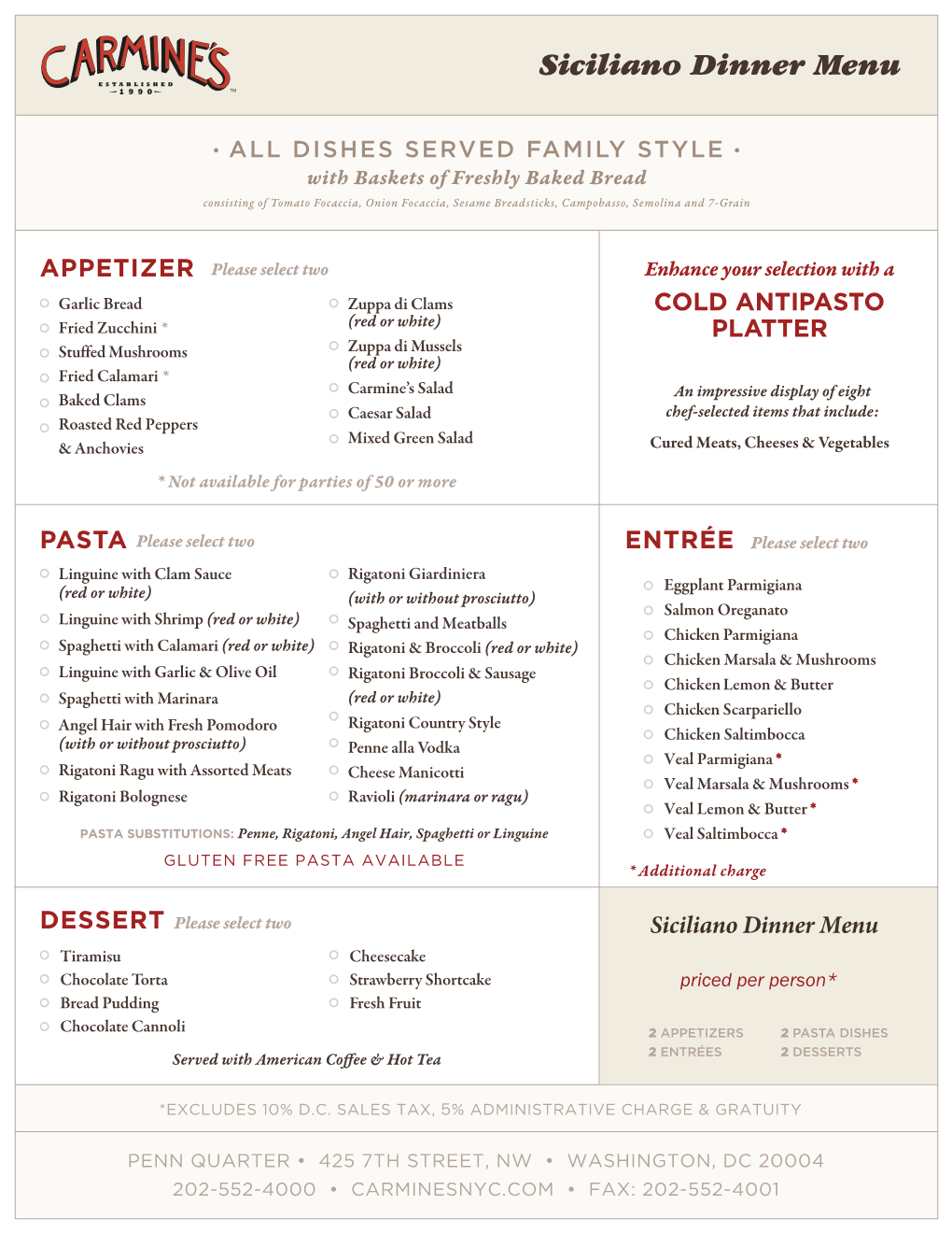 Siciliano Dinner Menu