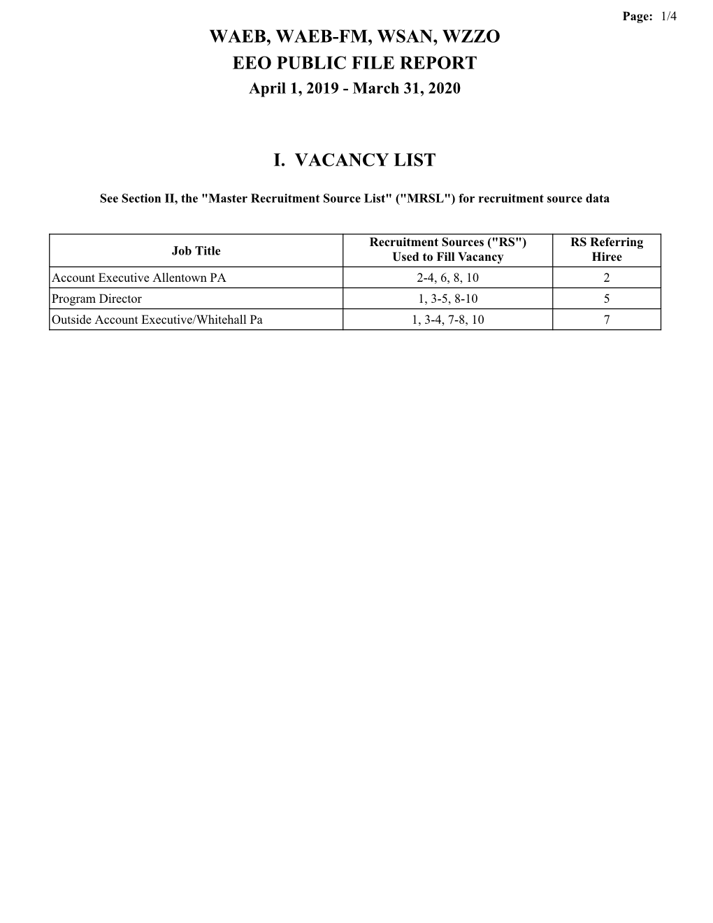 EEO PUBLIC FILE REPORT April 1, 2019 - March 31, 2020