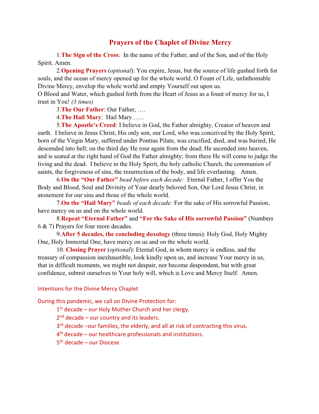 Prayers of the Chaplet of Divine Mercy 1.The Sign of the Cross: in the Name of the Father, and of the Son, and of the Holy Spirit