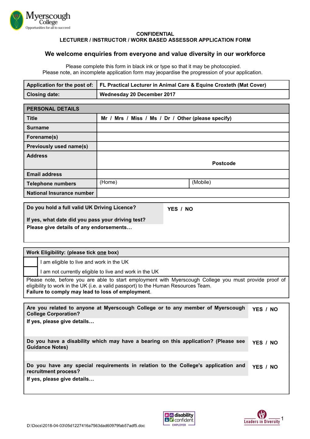 Lecturer / Instructor / Work Based Assessor Application Form