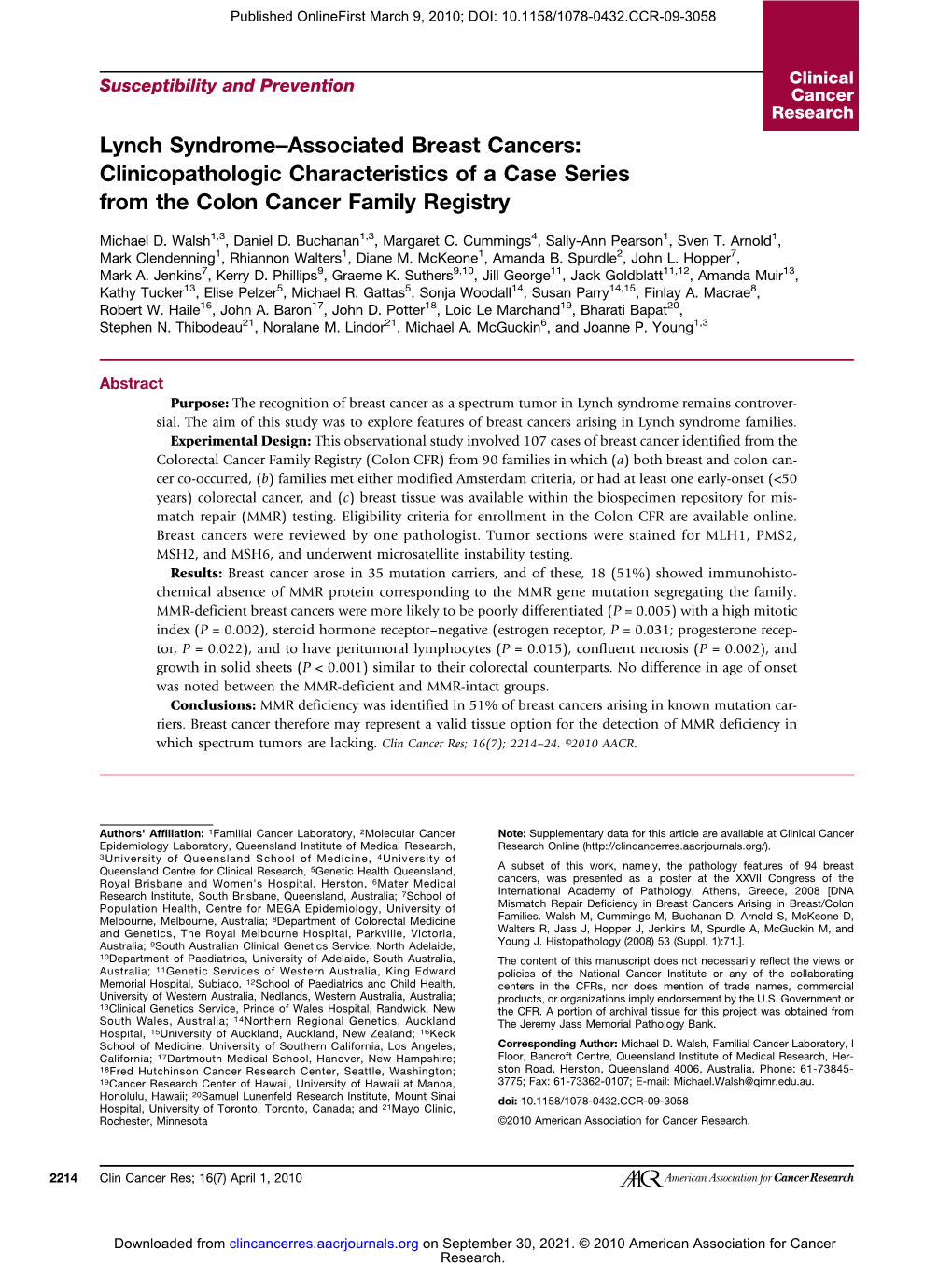 Lynch Syndrome–Associated Breast Cancers: Clinicopathologic Characteristics of a Case Series from the Colon Cancer Family Registry